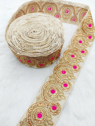 Beige Silk Fabric Trim, Gold Floral Embroidery Indian Sari Border Trim By Yard Decorative Trim Craft Lace